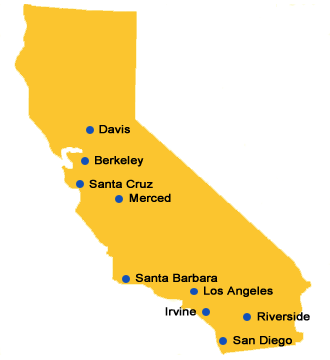 Image of California with locations of each University of California campus.