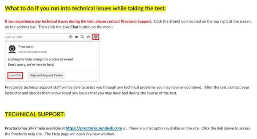 Proctorio technical support screenshot