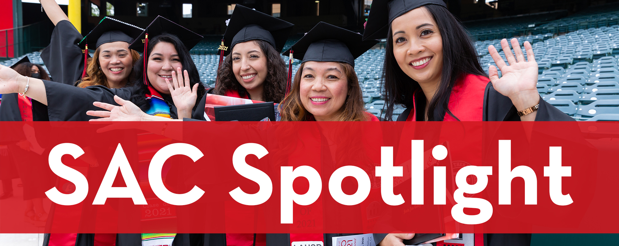 Photo of five female students graduating with caption SAC Spotlight
