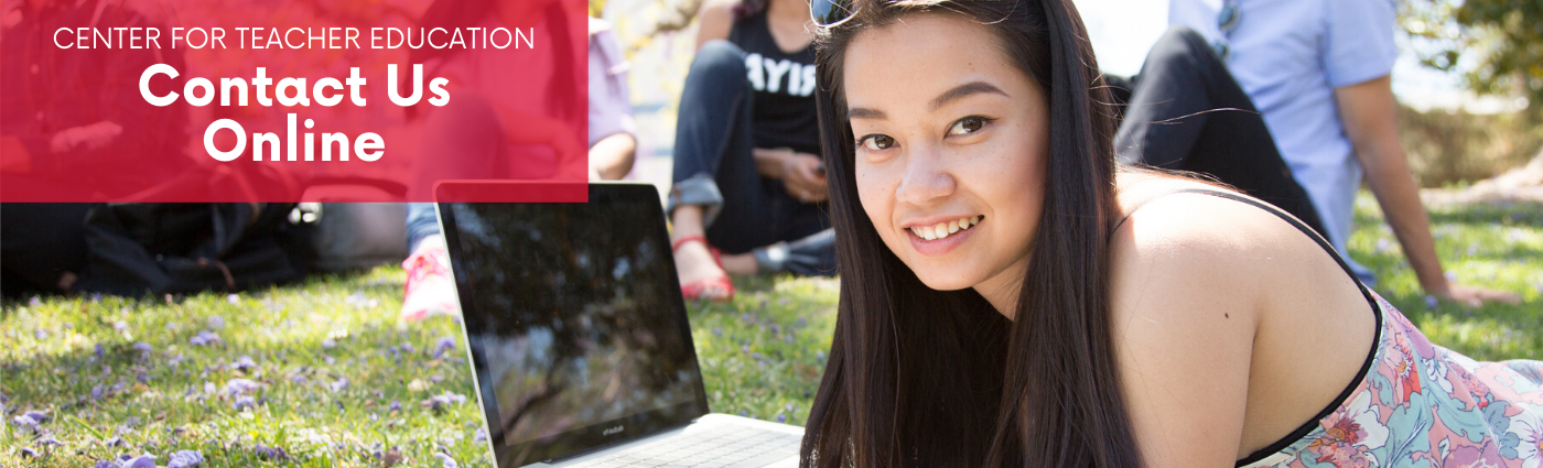 Contact Us Online web banner featuring student laying on grass with laptop