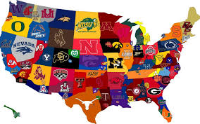 Decorative map of the United States and logos for private schools in each state.