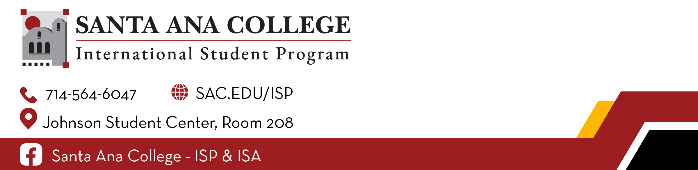International Student Program footer with office location JSC-208 listed and phone number (714) 564-6047. 