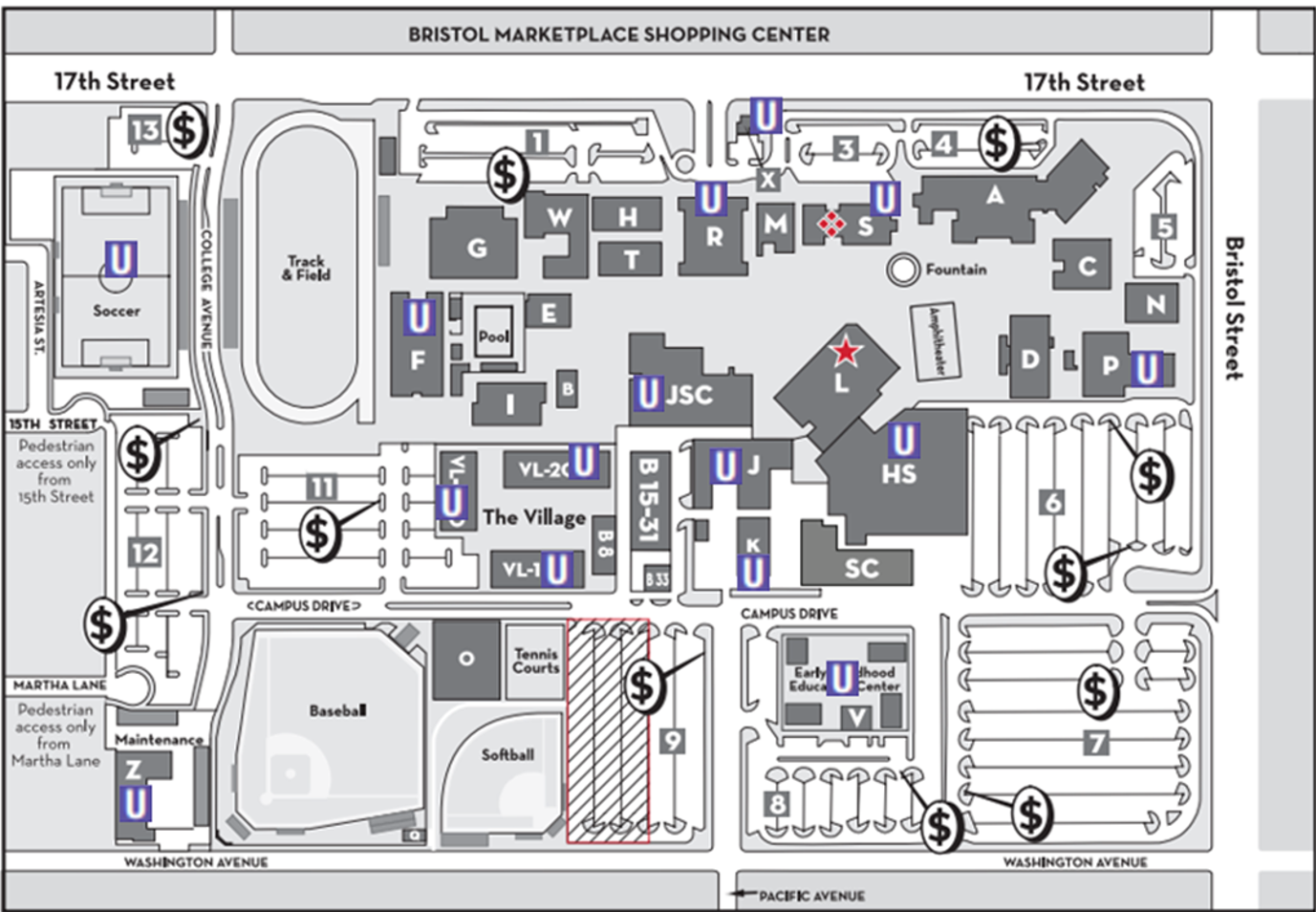 map of santa ana college with gender inclusive restrooms marked