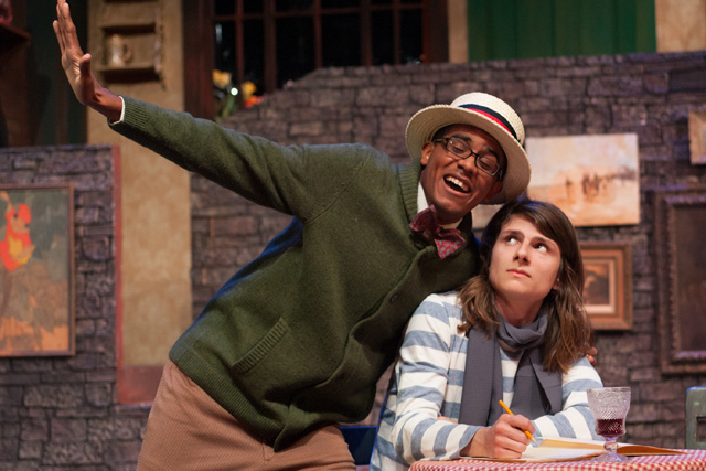 black male actor singing in front of white female actress