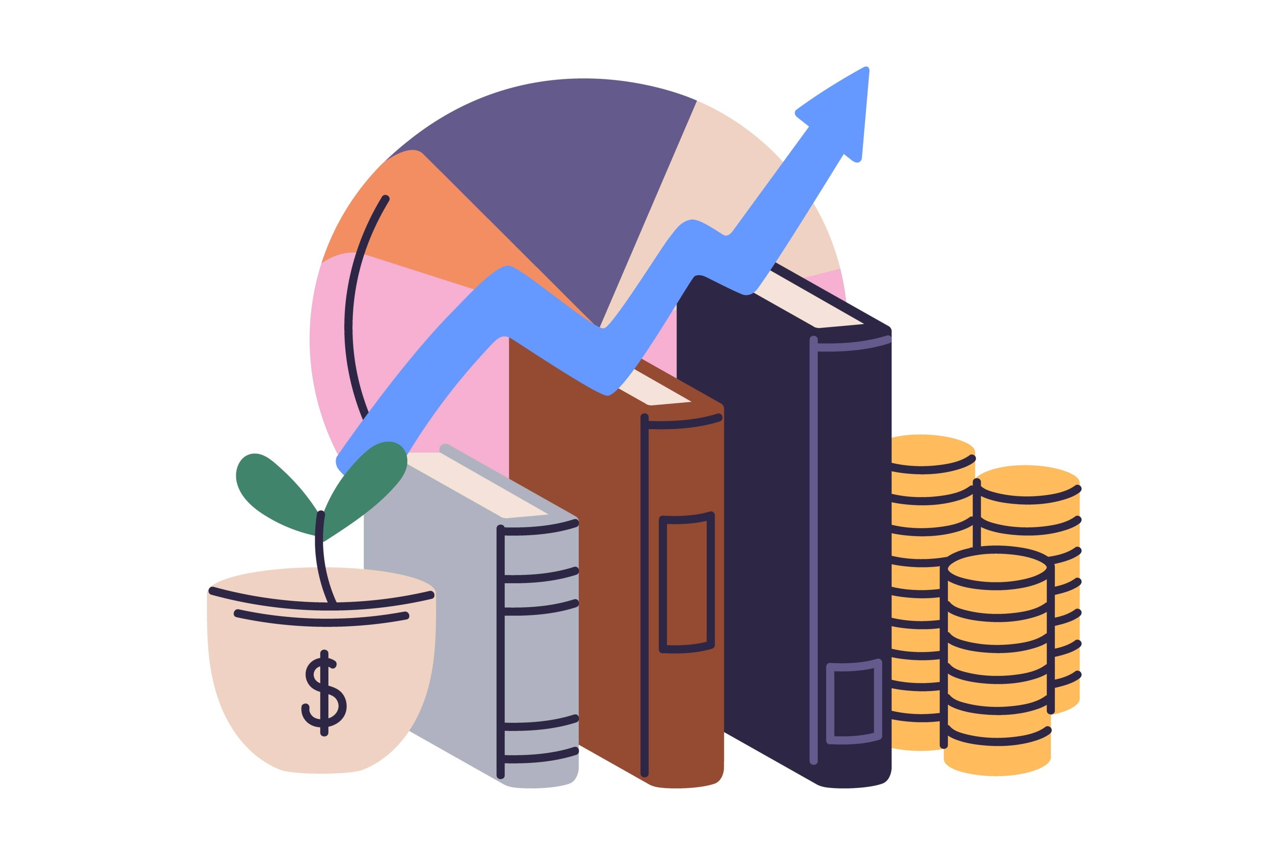stock arrow moving up above books, coins, and a money plant