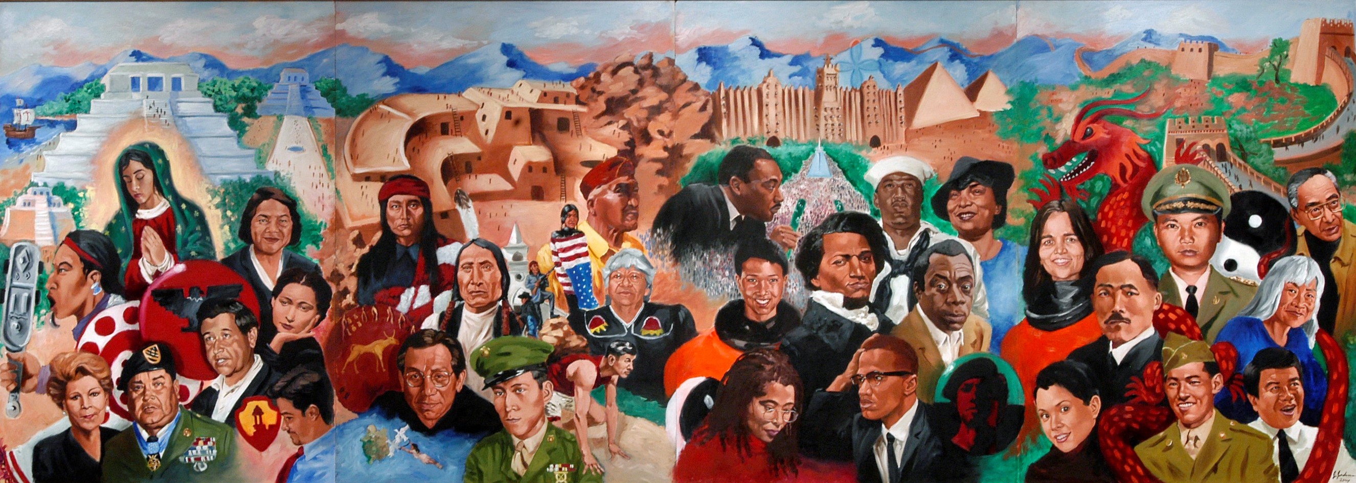 Mural collage of various african american and native american historical figures
