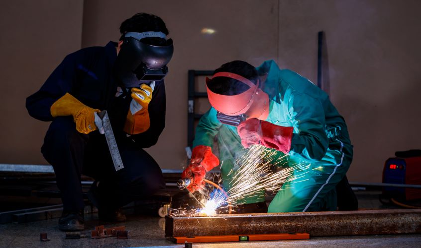 Two Engineers in welding safety gear working in a free welding technology class at Santa Ana College, near Anaheim, and Orange