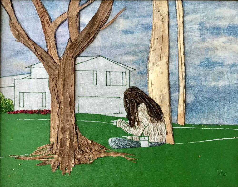 Embroidery artwork for the Irvine Annual art exhibit by Continuing Education Faculty Marilu Morency